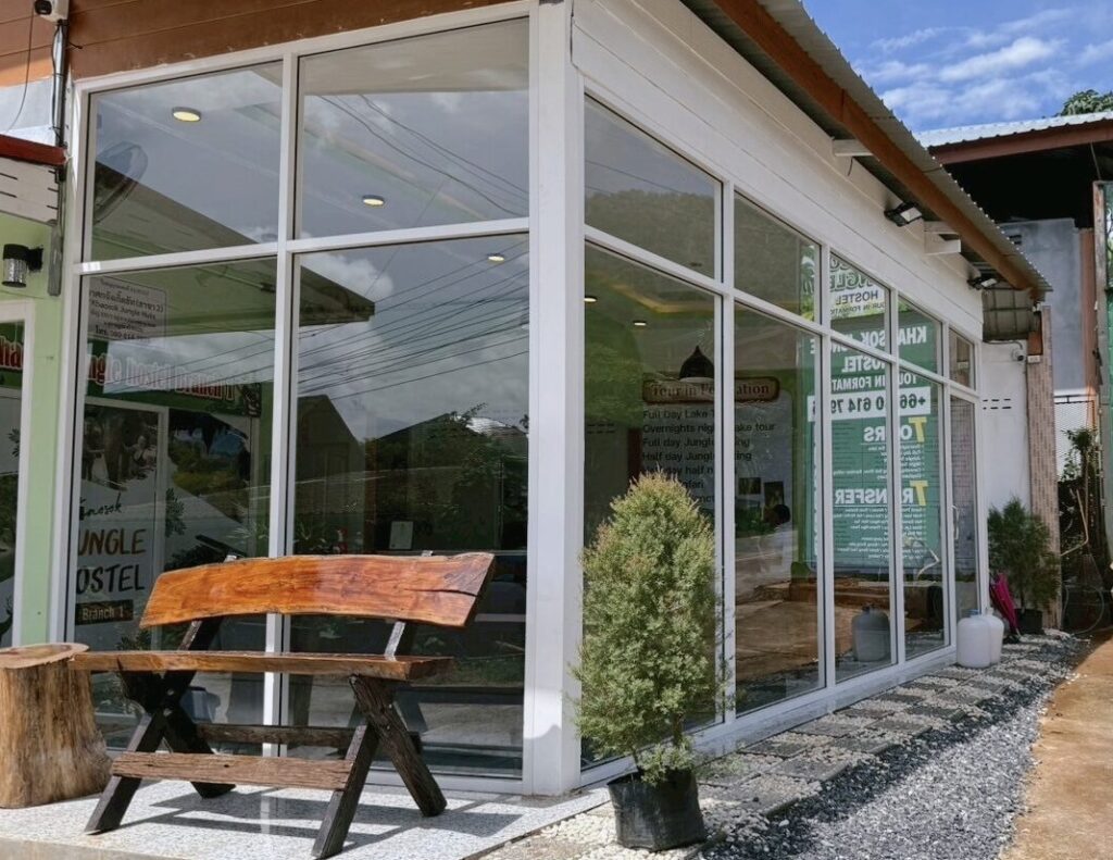 Interior & exterior views of Khao Sok Jungle Hostel; starting point for our khao sok 3 day tour