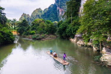 Bamboo raft guided through Khao Sok National Park without a guide on a jungle river