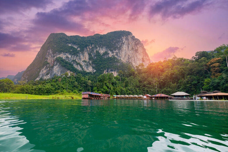 View of Khao Sok National Park at sunset, reachable from Khao Lak to Khao Sok.