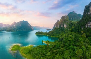 Aerial view of Khao Sok National Park and Cheow Lan Lake during the Khao Sok rainy season.